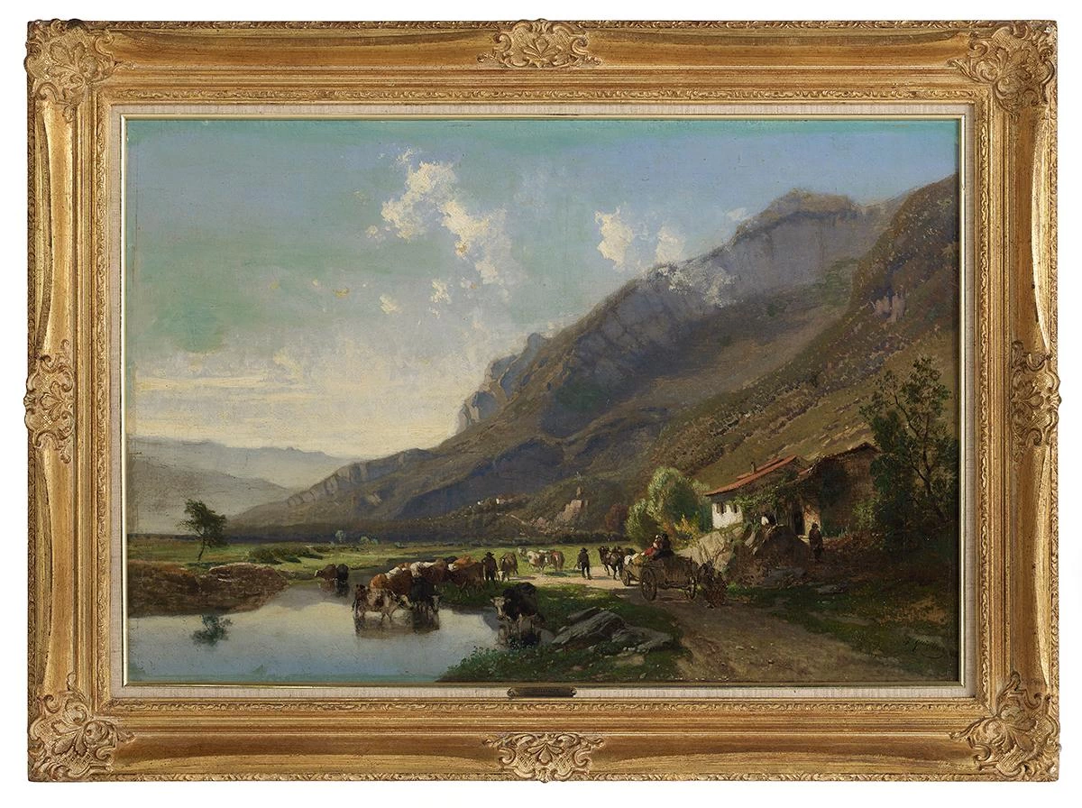 Paesaggio con bovini e figure, montagna sullo sfondo
